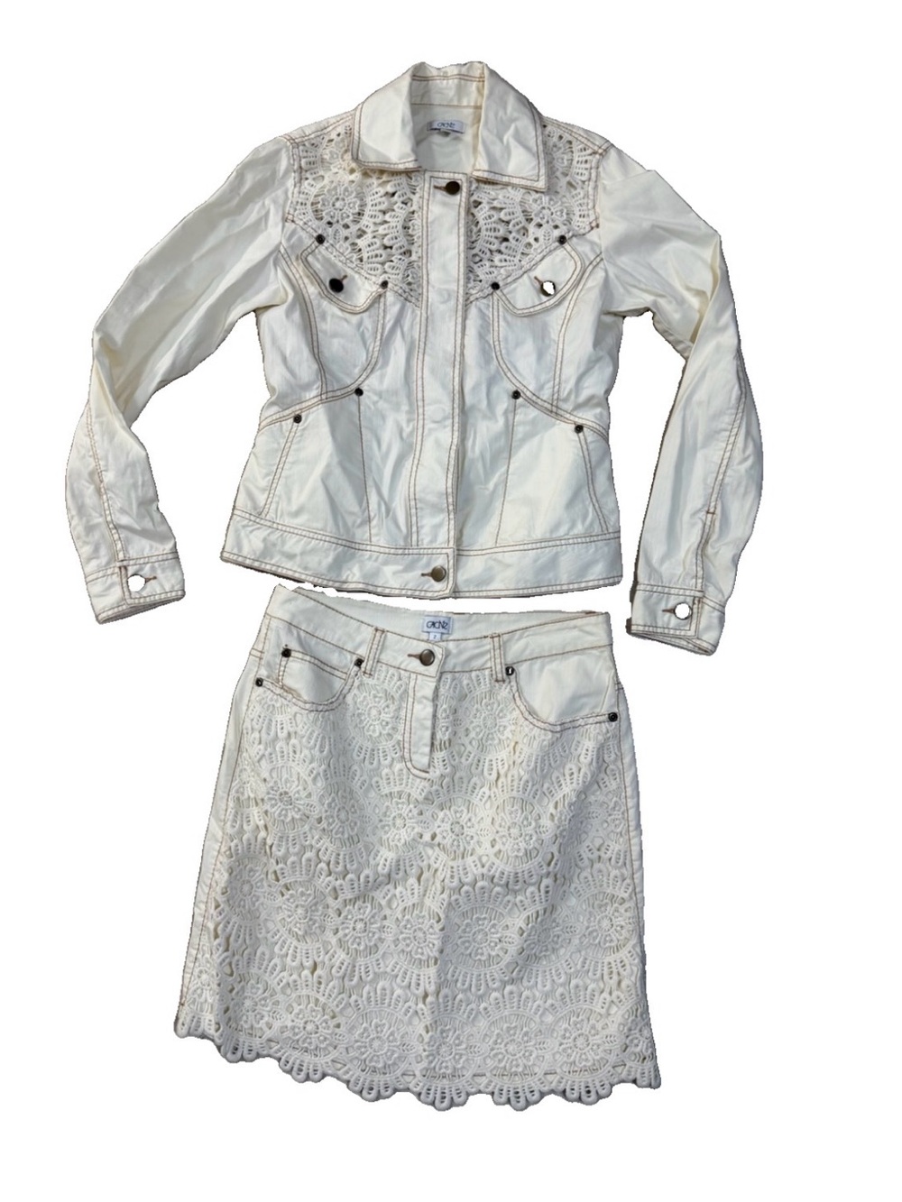 Cache Vintage Ivory  crochet Jacket and Skirt Set Size 2 Floral Bohemian 90s